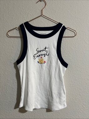 Old Navy White Ribbed Tank with Navy Trim and Dessert Graphic